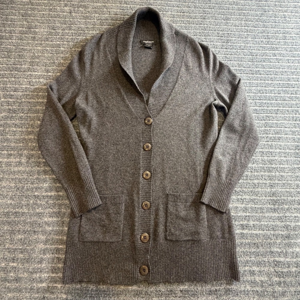 Lord & Taylor 100% Cashmere Shawl Collar Cardigan Sweater Gray Heather Knit Med